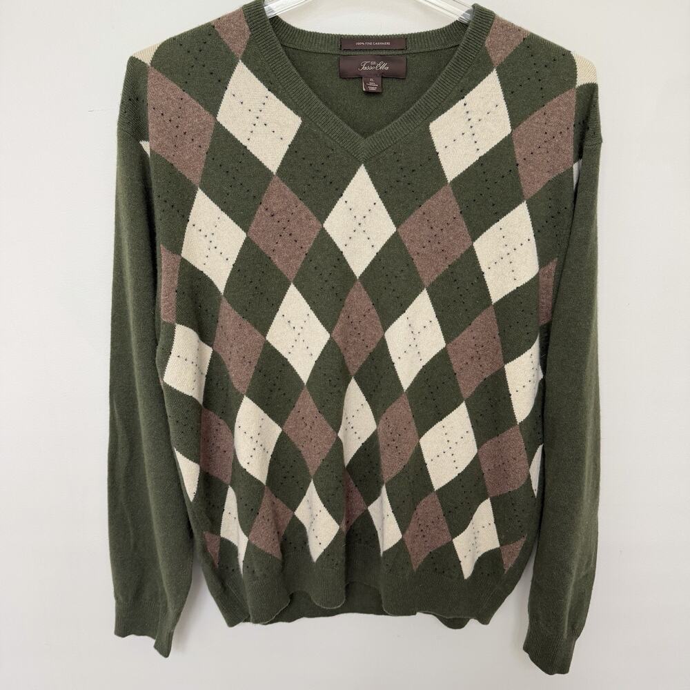 Tasso Elba 100% Cashmere V-Neck Sweater Mens XL Olive Brown Argyle Ivy Preppy